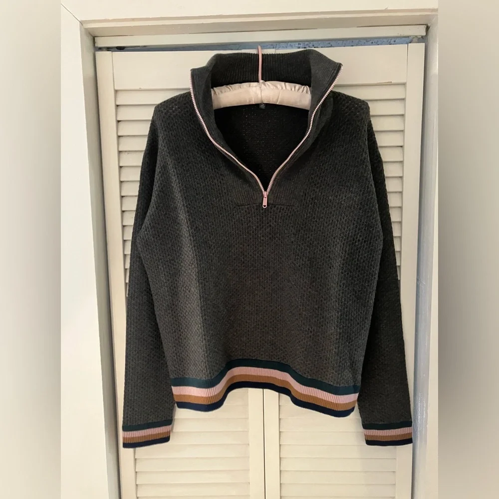 Title Nine Woolicious Waffle Knit Quarter Zip Gray/Gold/Pink Small
